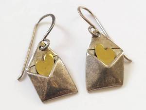 lot 22W image: Sterling Silver Envelope Heart Dangle Earrings Artisan Signed EF Two Tone