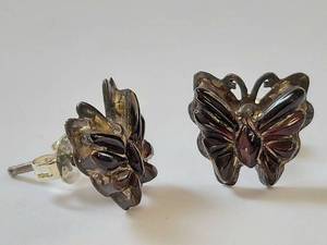 lot 26W image: Vintage Sterling Silver Butterfly Stud Earrings Red Stone Accents Tarnished Finish