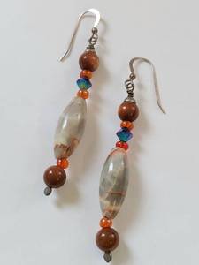 lot 29W image: Sterling Silver Artisan Beaded Dangle Earrings Marbled Stone Goldstone Glass Drops