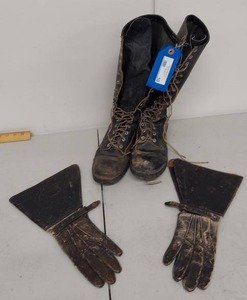 lot 1G image: Vintage Leather Work Boots with Gauntlet Gloves - Used Condition