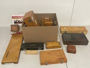 lot 8G image: Assorted vintage wooden tool storage boxes Mitutoyo Starrett Dutch Masters darts packaging