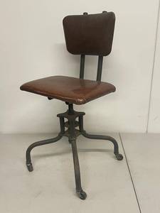 lot 12G image: Vintage Industrial Adjustable Metal Swivel Office Chair on Casters Brown Upholstered Seat Back