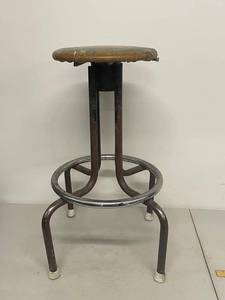 lot 13G image: Vintage industrial metal shop stool with round padded seat rustic lab garage chair