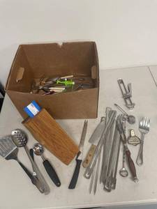 lot 14G image: Wusthof Wood Knife Block with Assorted Stainless Kitchen Utensils Skewers Tongs Lot