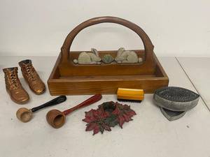 lot 16G image: Vintage Bunny Wood Caddy, Bronzed Baby Shoes, France Cutters & Misc Kitchen Decor Lot