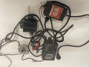 lot 18G image: Vintage Bellows transformer, Kingston battery charger, Dictograph phono unit and lamp parts lot
