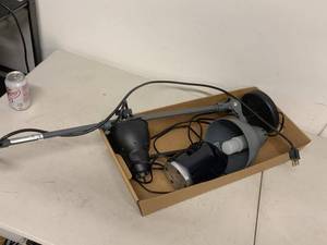 lot 53G image: Fostoria Localites Task Lamp, Gooseneck Desk Lamp & ULINE Vornado Fan Mixed Corded Desktop Lot