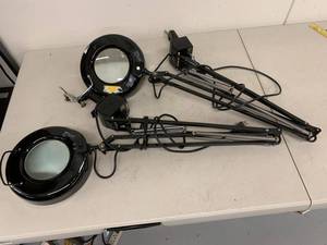 lot 62G image: Pair Black Swing Arm Magnifier Desk Lamps with Clamp Mount and Glass Lens Inspection Lights