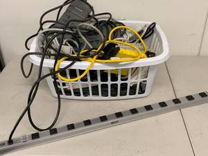 lot 79G image: Assorted Power Strips Surge Protectors Extension Cords Basket with Tripp Lite Outlet Bar