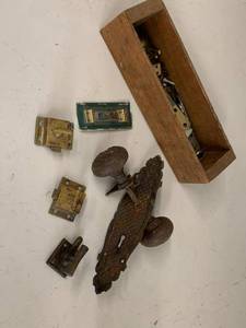 lot 88G image: Vintage Sargent & Co Cast Iron Door Knob Set w Brass Surface Bolts & Hardware Lot