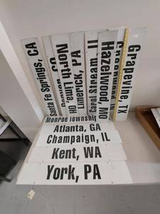 lot 92G image: Industrial metal citystate name signs 36 x 6 in each warehouse decor Atlanta Kent York