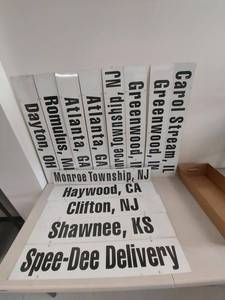 lot 93G image: Set of 13 Spee-Dee Delivery Route Destination Metal Truck Signs City State Panels