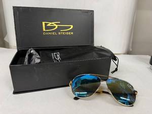 lot 7N image: Daniel Steiger Aviator Sunglasses - Gold Tone Frame, Blue Mirror Lenses