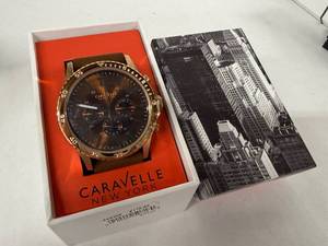 lot 17N image: Caravelle New York 44A102 Chronograph Watch - Rose Gold Tone Case, Brown Strap