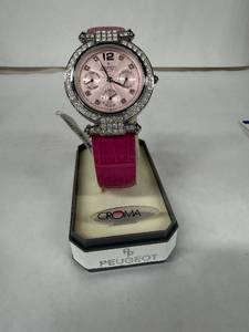 lot 24N image: Peugeot Womens Pink Dial Quartz Watch - Crystal Bezel, 30M WR, Pink Leather Strap