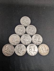 lot 31 image: Lot Of 10 90% Silver Franklin Half Dollars