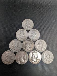 lot 33 image: Lot Of 10 90% Silver Franklin Half Dollars