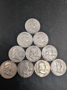 lot 35 image: Lot Of 10 90% Silver Franklin Half Dollars