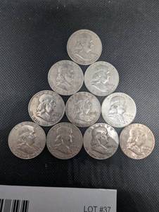 lot 37 image: Lot Of 10 90% Silver Franklin Half Dollars