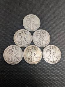 lot 46 image: Walking Liberty Half Dollars - 6 Silver 50-Cent Coins, 1928-1945 Range