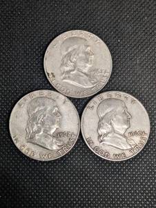 lot 48 image: Lot Of 3 90% Silver Franklin Half Dollars