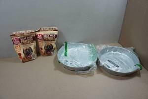 lot 279 image: Boss Dog Goat Milk Powder with Bergan Galvanized Bowls