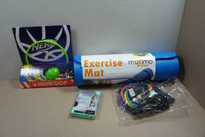 lot 280 image: Assorted Fitness - Mat, Bands, Nerf Basketball Hoop