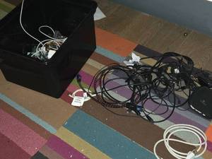 lot 62 image: Lot of (1 Bin) Apple Phone, Computer Cords, Chargers, Power Adapters and AudioVideo Cables (assorted)