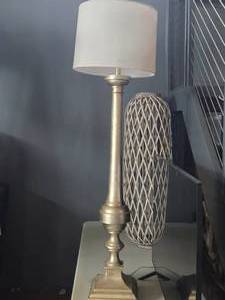 lot 171 image: 52 Floor Lamp (decorative gold painted) with White Cylinder Lamp Shade