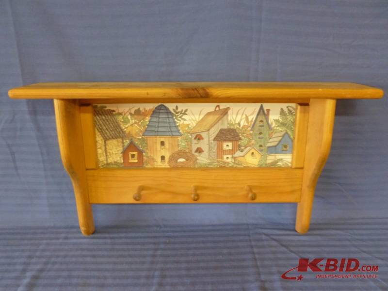 lot 13 image: Wooden Wall Shelf With Hat Pegs