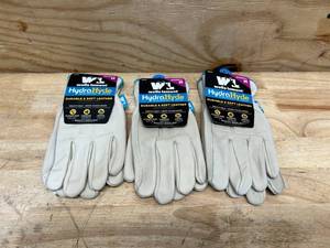lot 222 image: Womens Water-Resistant Leather Work Gloves, HydraHyde, Medium (lot of 3)