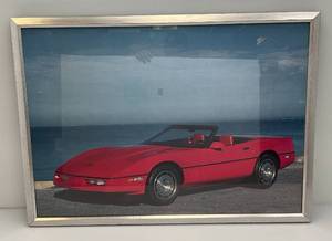 lot 6 image: Framed Behind Glass Vintage Corvette Poster 25 34 x 35 12