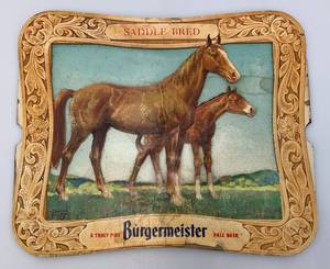lot 97 image: 1950s BURGEREISTER BEER Saddle Bred 3D Cardboard Advertising With Horses 13 34 x 16