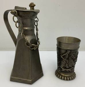 lot 98 image: Antique NAGYKERY Swiss Pewter Beer Tankerd And Vintage German Pewter Wine Gobblet With Stagg Hunting Theme
