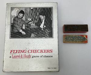 lot 104 image: Vintage Laurel & Hardy Flying Checkers Tin Magnetic Checkers Set In Original Box & Ebon Dominoes In Original Box
