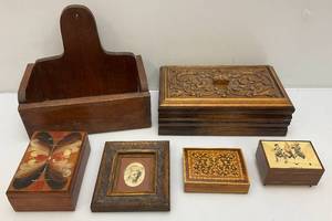 lot 136 image: Misc. Hand Carved Wooden Boxes, Inlaid And More