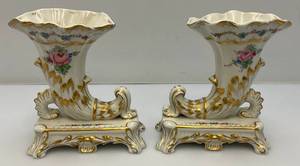 lot 141 image: Antique Cornucopia Vases In French Porcelain 1800 Set Of 2 (Some Gold Worn Off From Age)