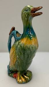 lot 144 image: Vintage Colorful Hand Painted French Faience Majolica Mallard Duck Ceramic Jug Pitcher 12 12 (Crazing Present In Clear Coat, Common)
