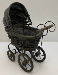 lot 163 image: Victorian Antique Doll Pram-French Handmade Metal Doll Carriage 6 x 12 x 12