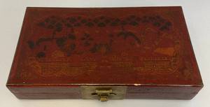 lot 232 image: Very Old Oriental Wooden Tea Box With Oriental Designs 3 x 8 x 14 12