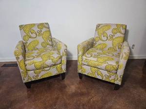 lot 84 image: Yellow Paisley Upholstered Armchair Pair