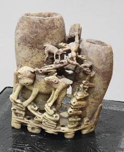 lot 239 image: Carved Soapstone Climbing Animals Double Vase Brush Pot, as