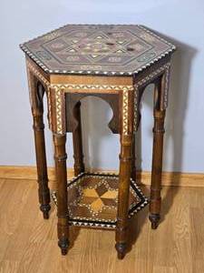 lot 14B image: Moroccan Inlaid Wood Hexagon Side Table with Geometric Marquetry - B