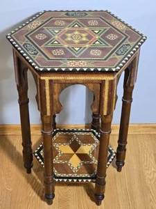 lot 14A image: Moroccan Inlaid Wood Hexagon Side Table with Geometric Marquetry -A