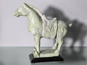 lot 52A image: Hand Carved Green Stone Tang Style Horse Sculpture on Wood Base