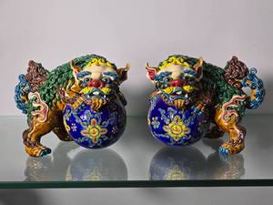 lot 33F image: Pair of Chinese Glazed Foo Dog Guardian Statues