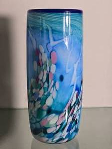 lot 52F image: Tall Studio Art Glass Cylinder Vase with Blue and Multicolor Design