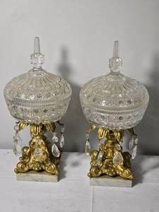 lot 55A image: Pair Crystal and Gilt Metal Table Jars with Marble Bases