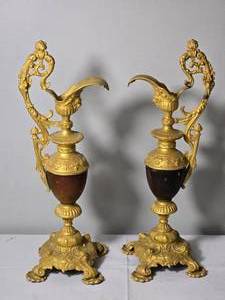 lot 55B image: Pair Antique Style Gilt Metal Ewers Decorative Urns