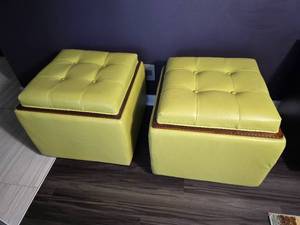 lot 55D image: Pair Contemporary Lime Green Leather Storage Ottomans